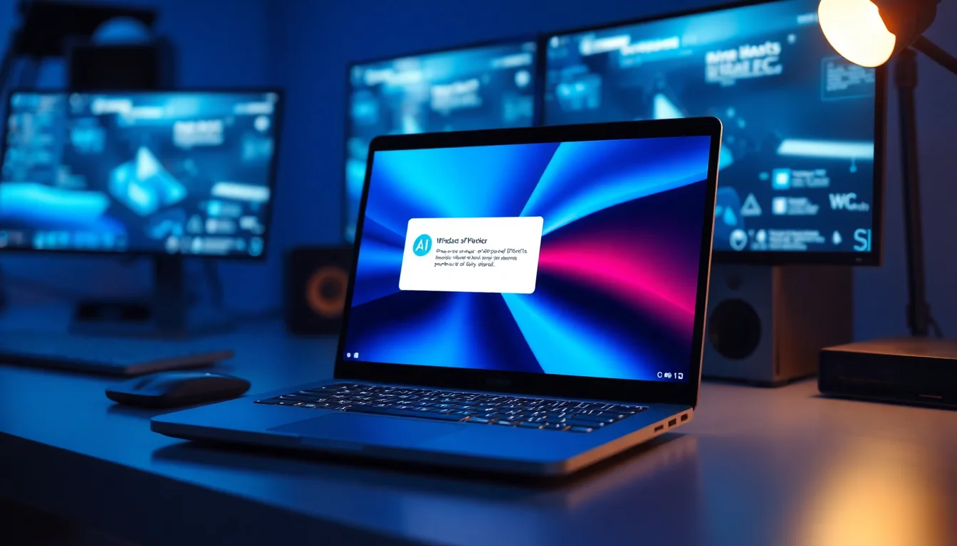 Windows 11 laptop on a desk showing a desktop app error dialog with two AI chat provider icons visible on screen