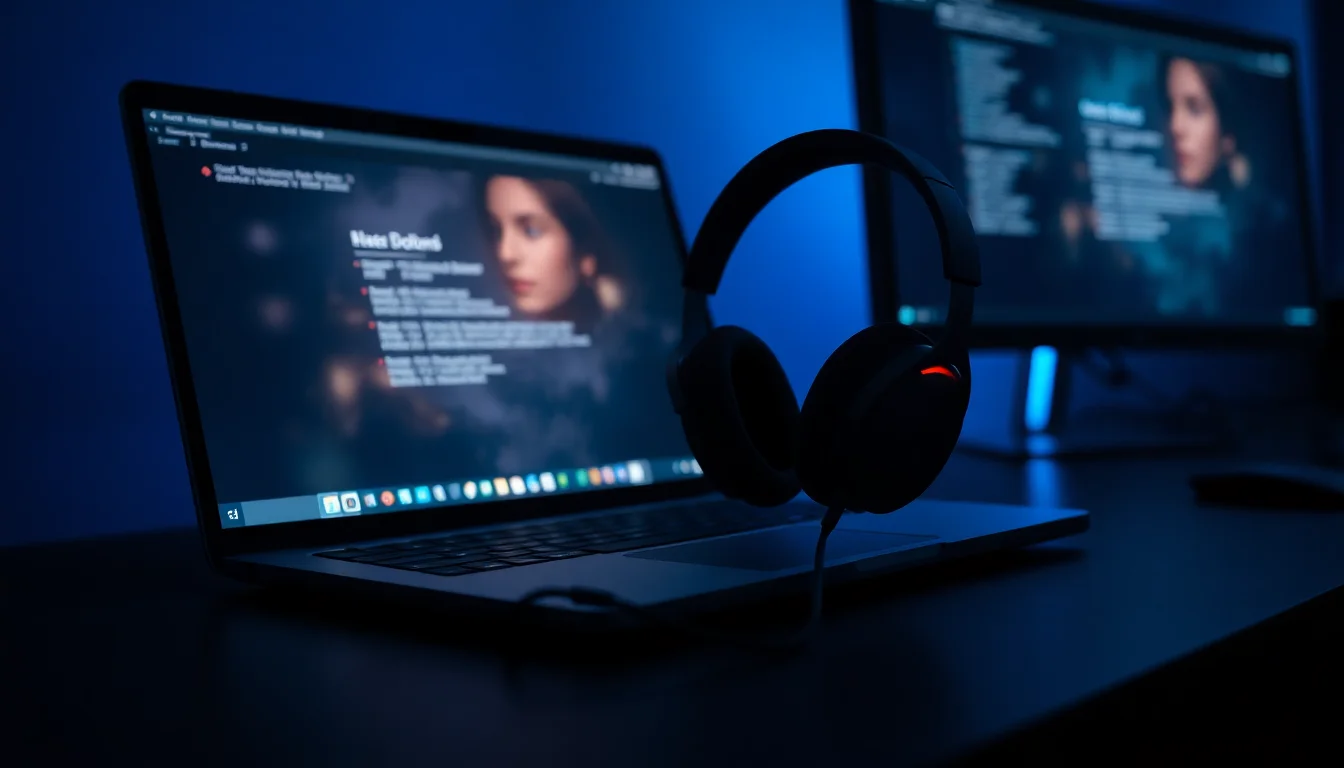 A pair of over-ear headphones plugged into a Windows laptop on a dark desk with one earcup visually highlighted to show audio fault
