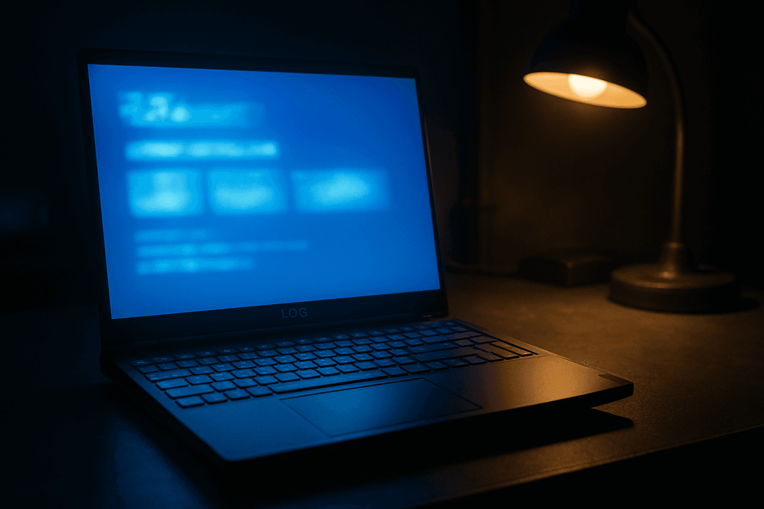 Lenovo LOQ 15ARP9 laptop on a dark desk showing blue screen HYPERVISOR_ERROR crash during boot