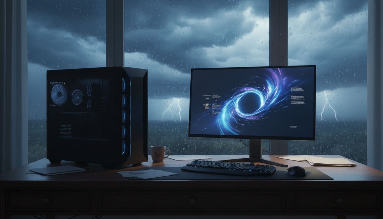 A desktop PC tower on a wooden desk with a dark stormy sky visible through a window behind it, showing a blank black monitor screen after a power surge