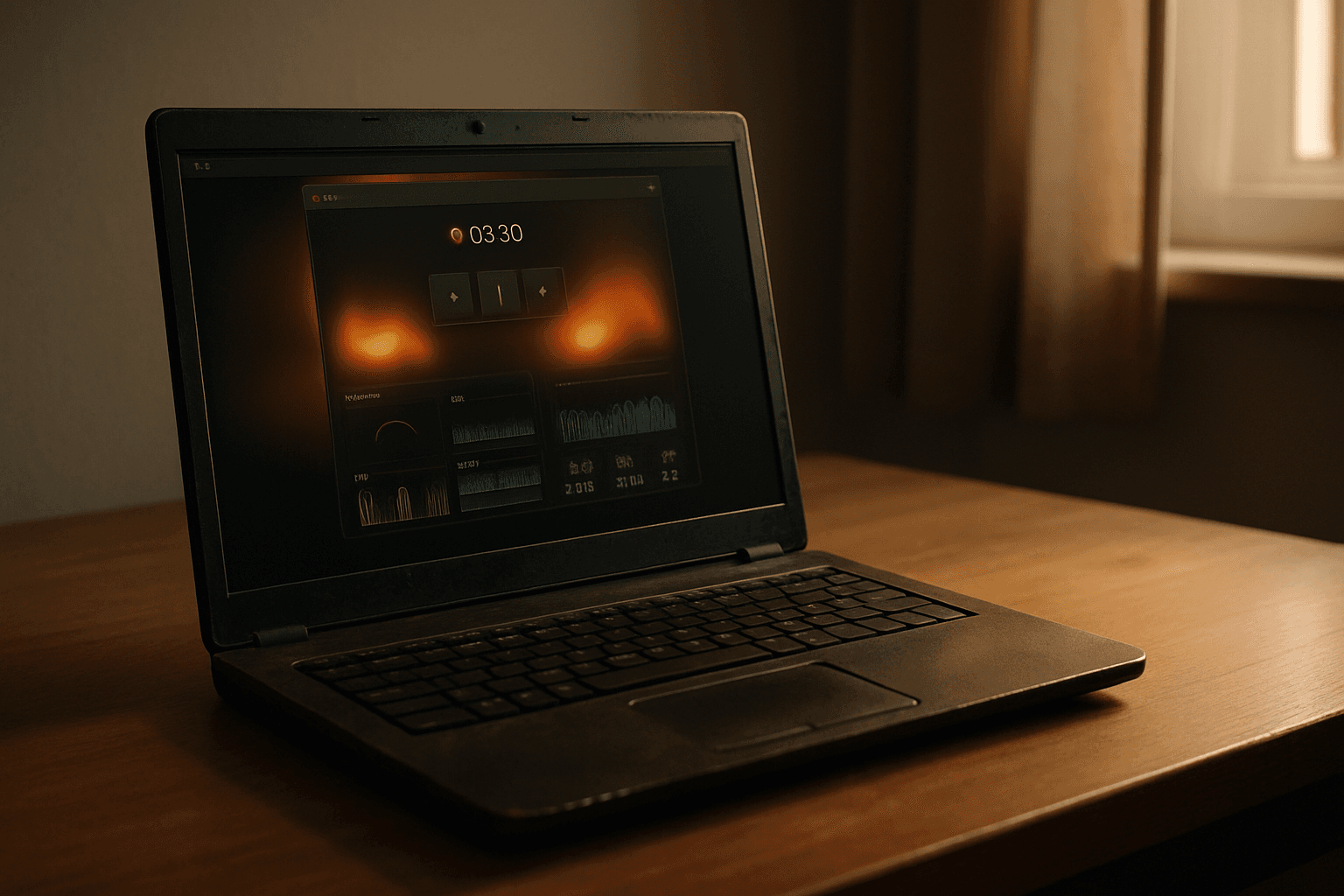 An older budget laptop on a wooden desk showing a screen recording application open with low CPU usage stats visible