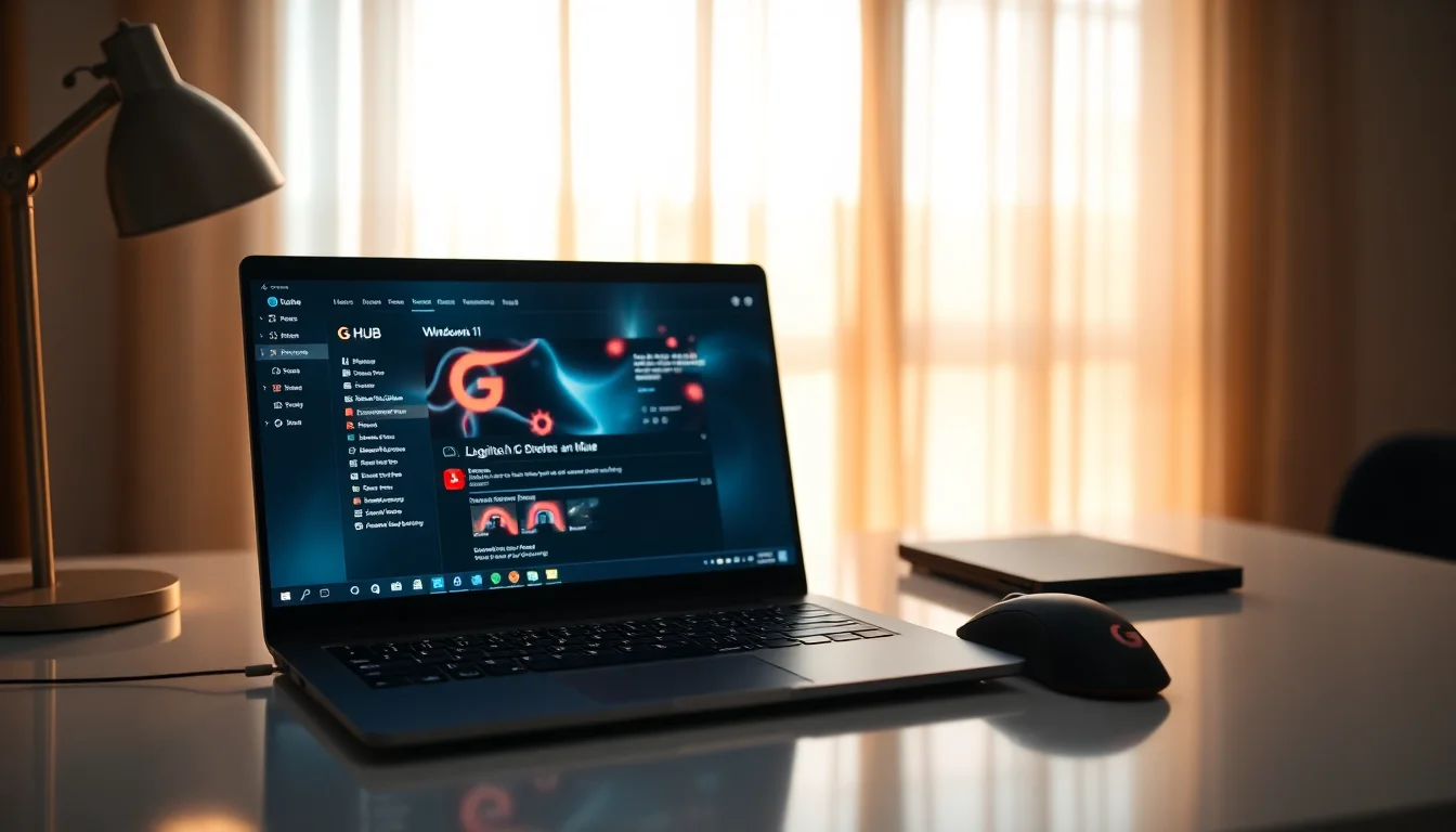 Windows 11 desktop showing Logitech G HUB software on monitor with disconnected mouse and keyboard on desk, soft desk lamp lighting from side, troubleshooting focused atmosphere