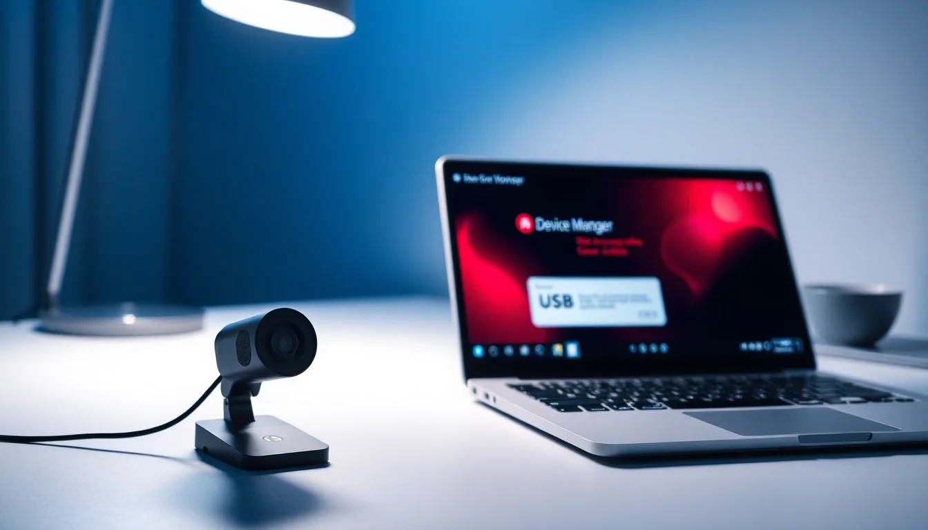Logitech webcam on modern desk next to Windows 11 laptop showing device manager with USB unrecognized error message, cool blue-white task lamp lighting, focused professional atmosphere