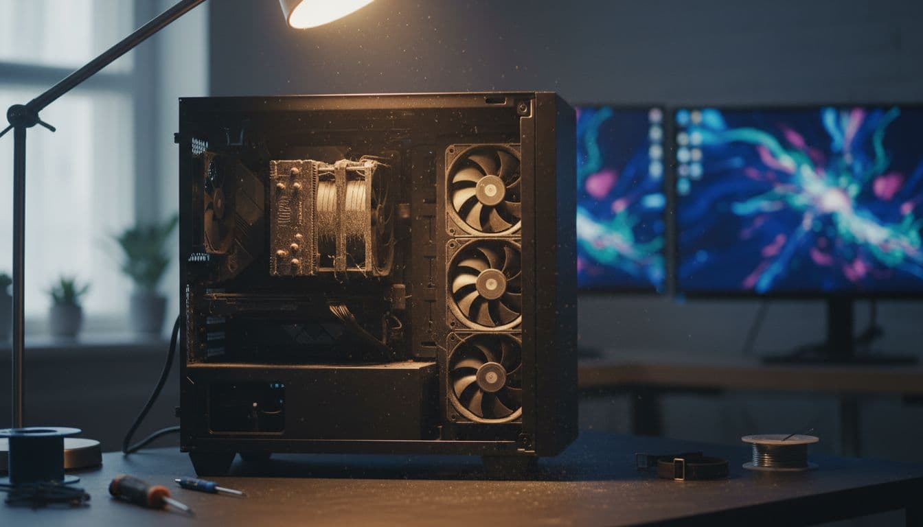 A desktop PC tower on a clean desk with its side panel open showing dusty CPU fan and case fans under bright workshop lighting