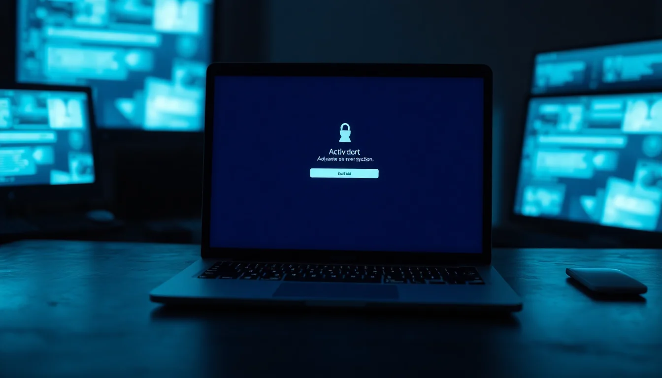 MacBook Pro on a dark desk showing a white Activation Lock screen with failed to create activation request error message