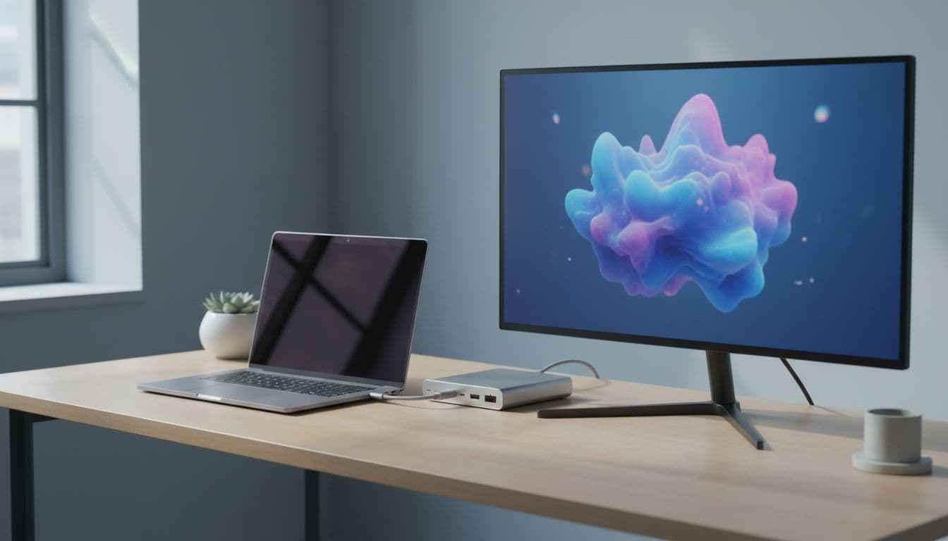 A MacBook connected to a USB-C docking station on a modern desk with an external monitor showing no signal