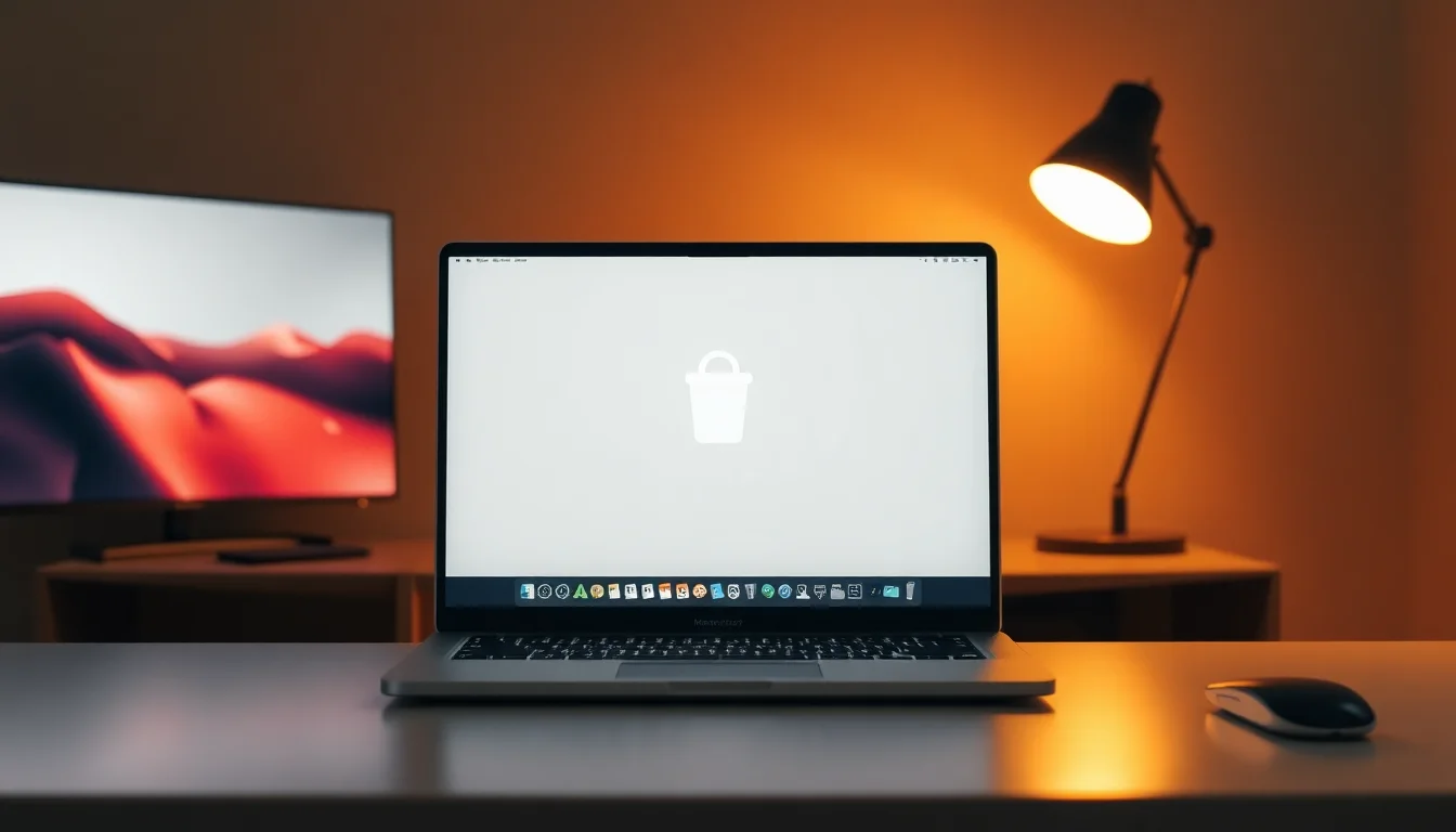 MacBook Pro running macOS with Trash icon visible in Dock, clean desk setup with warm desk lamp lighting, minimal focused atmosphere