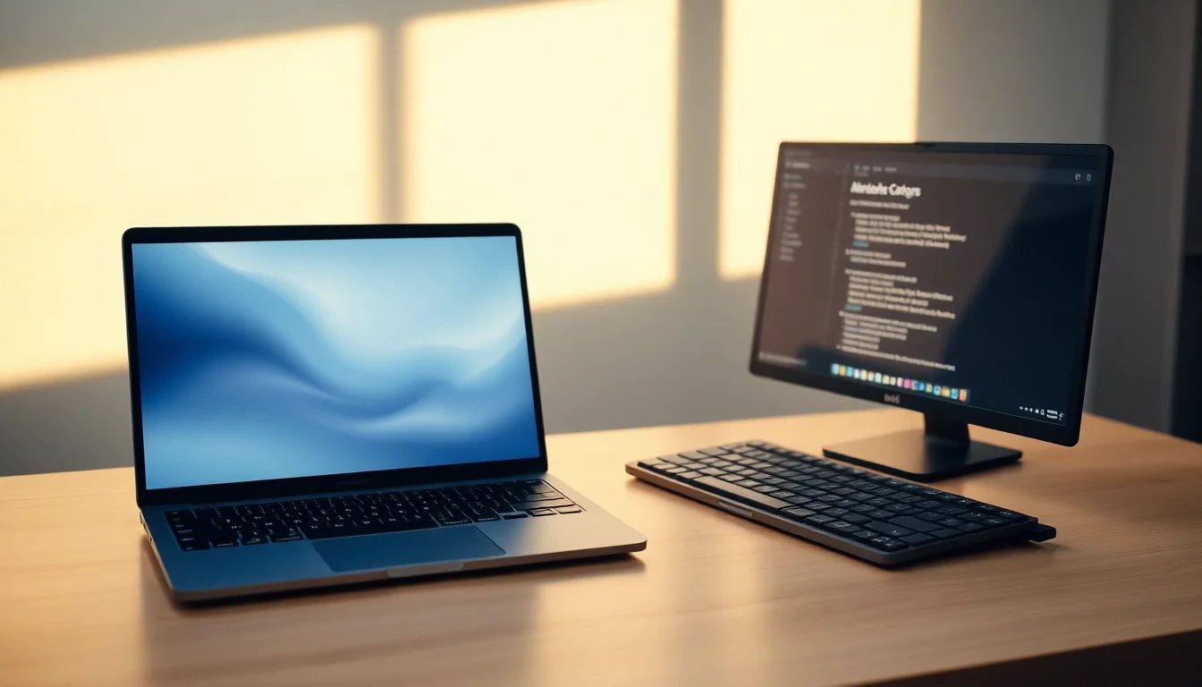 A MacBook on a clean modern desk next to a Windows keyboard showing the transition from Windows to Mac setup