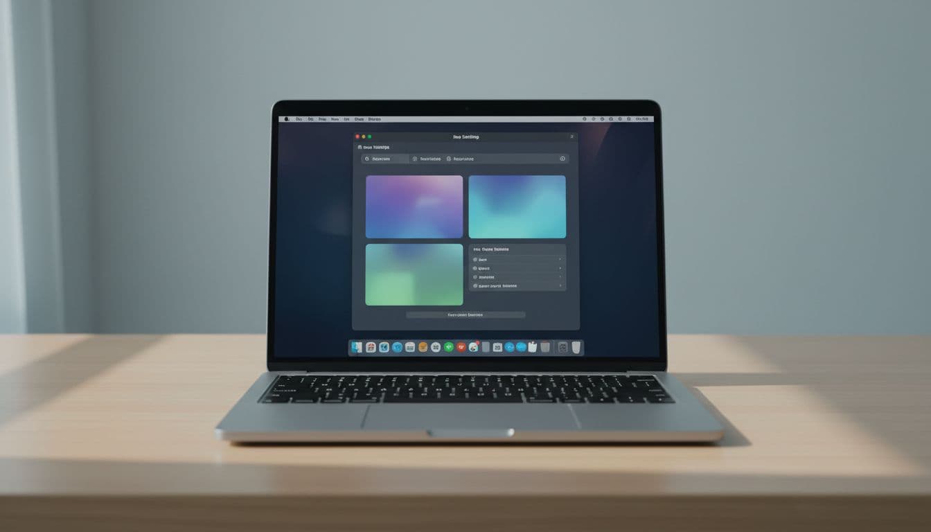 Canadian MacBook Pro on a clean desk showing macOS System Settings keyboard input source panel with French and English layouts listed