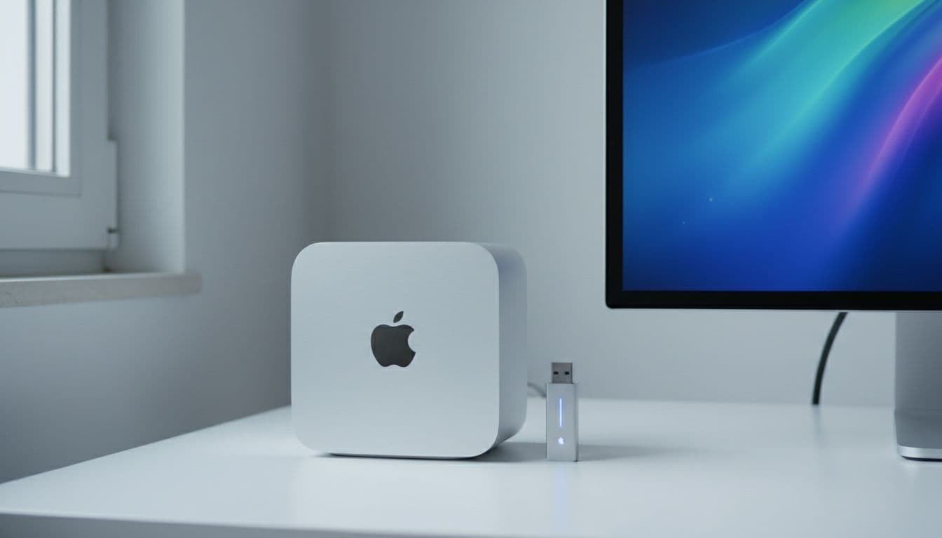 Intel Mac mini on a clean desk next to a USB drive showing Boot Camp Assistant partition screen on an external monitor