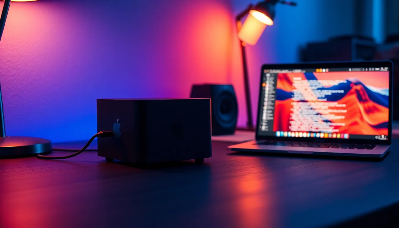 Mac mini 2018 connected via USB-C cable to a host MacBook on a dark slate workbench during DFU restore attempt