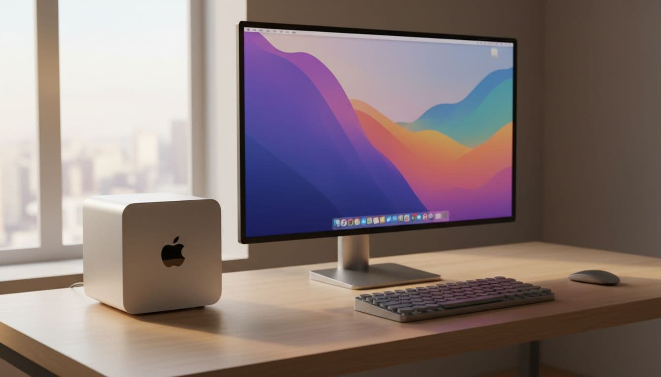 A silver Mac mini M1 sitting on a tidy modern desk next to a Windows laptop showing macOS Sequoia on an external monitor