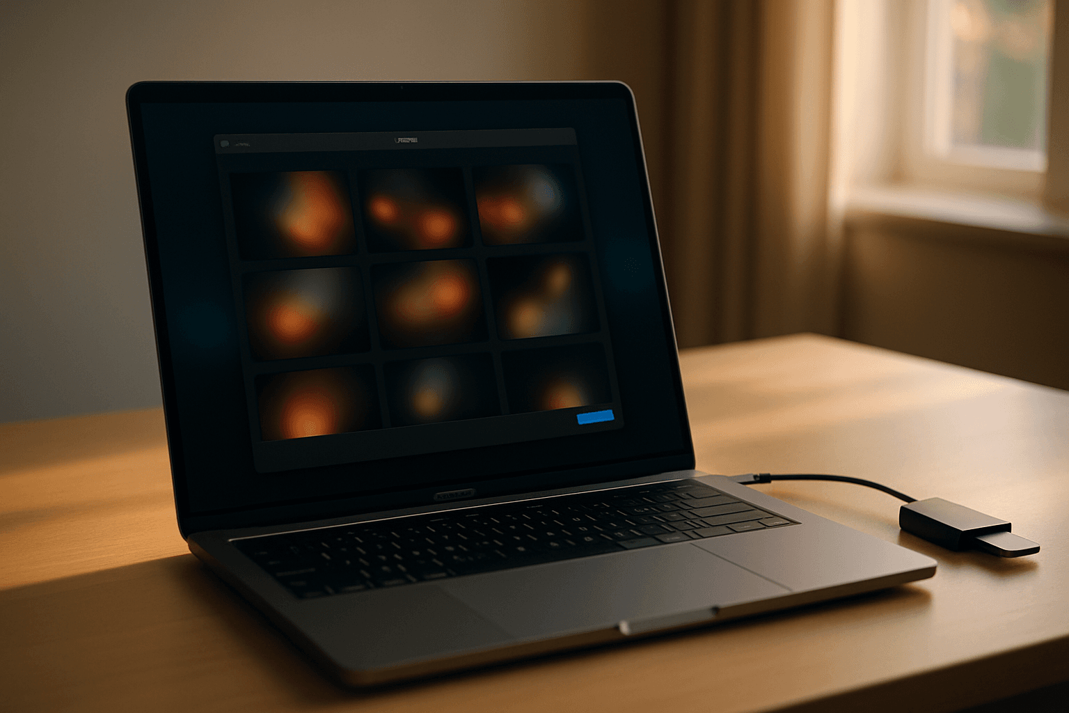 MacBook Pro on desk with SD card reader inserted and Photos app open, importing image files, warm daylight from window, calm focus