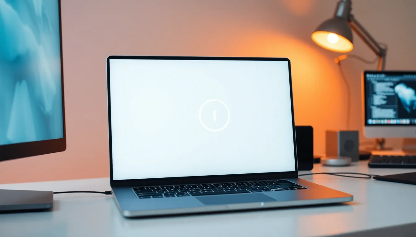 MacBook Pro on a clean white desk showing a lock screen with a slow spinning progress indicator, soft cool light from the left, calm focused atmosphere