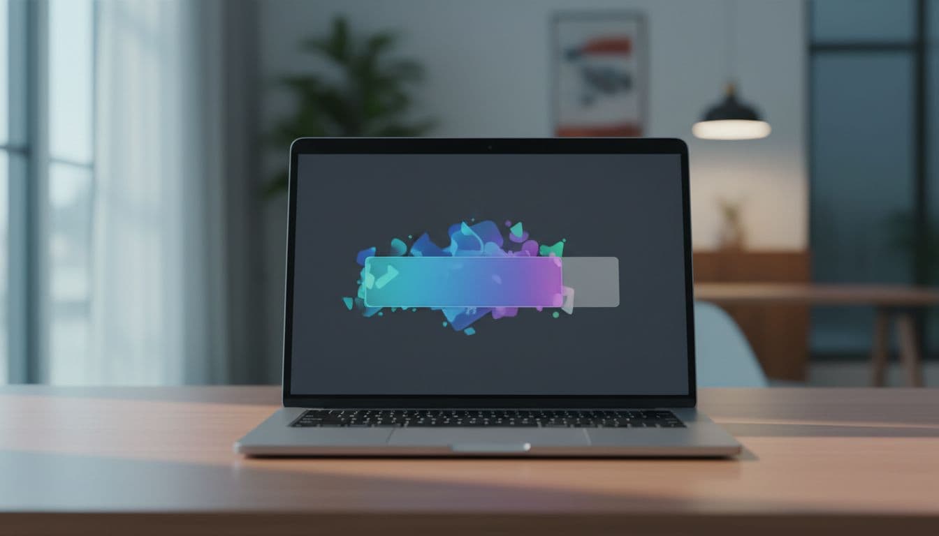 MacBook Pro on a clean wooden desk showing a nearly full storage bar in macOS System Settings Storage panel