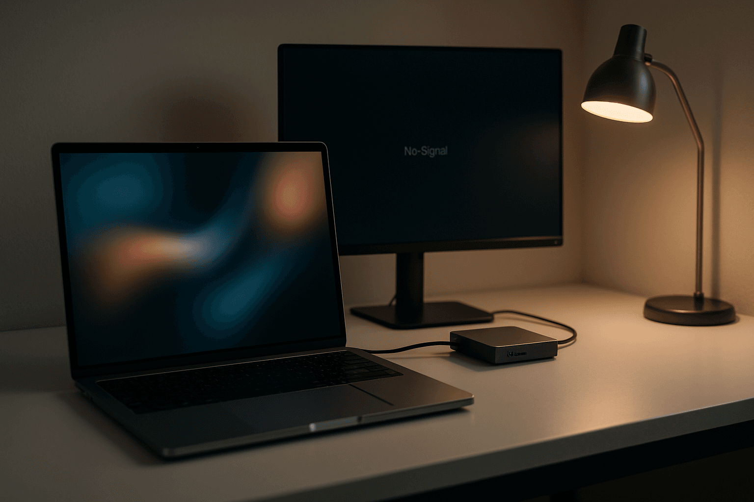MacBook Pro on desk connected to external monitor via USB-C dock, dual display setup with bright focused lighting, professional clean workspace