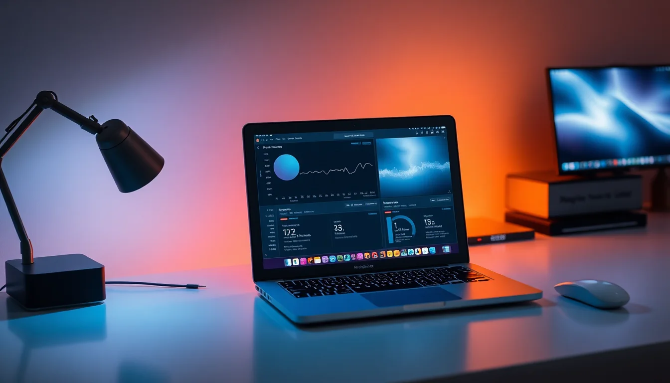 MacBook Air on clean desk showing performance graphs and thermal monitoring, soft blue-white backlighting from screen, focused professional workspace atmosphere