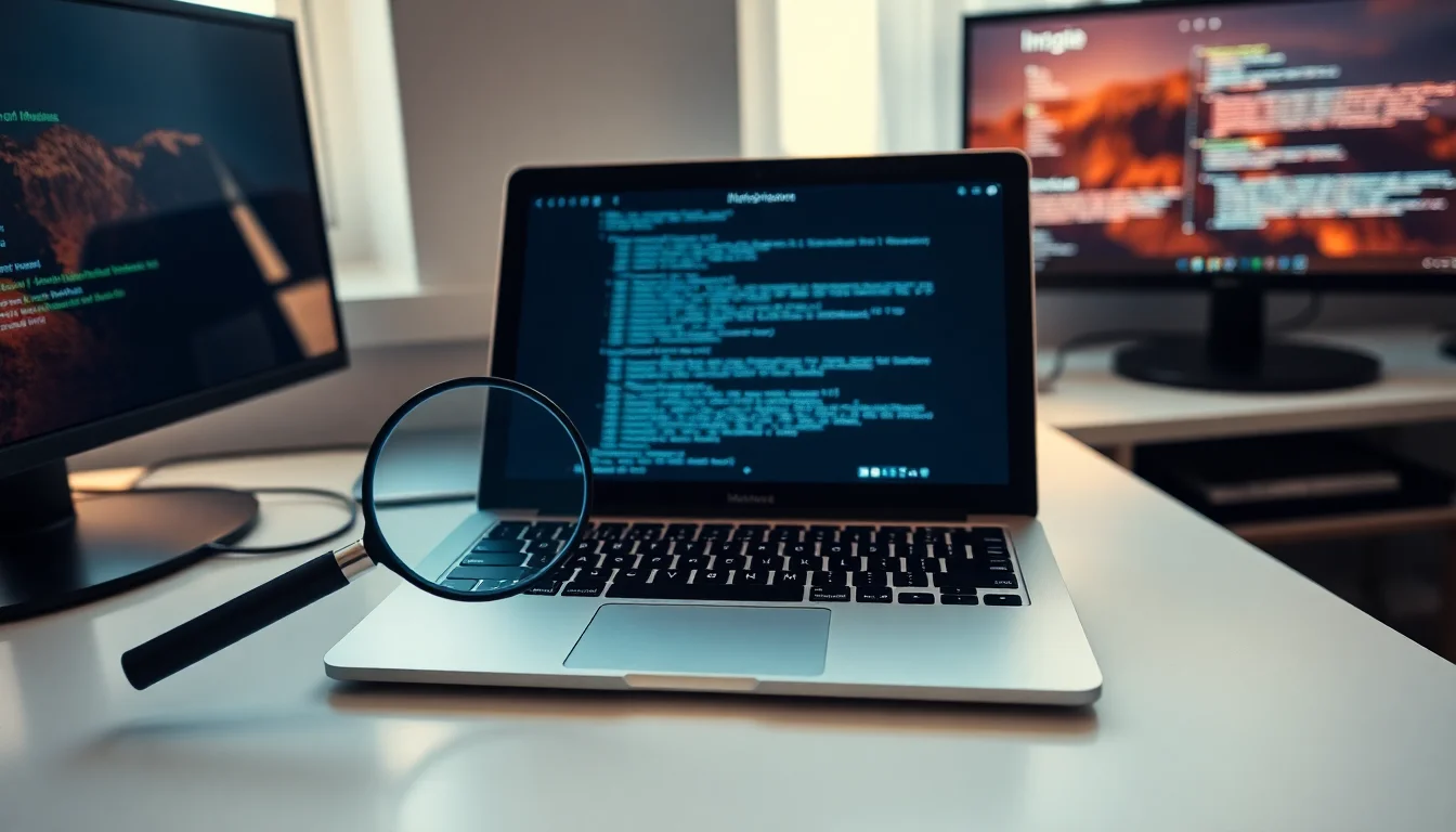 Close-up of MacBook keyboard showing unresponsive keys with diagnostic software open on screen, soft warm desk lighting, professional IT workspace atmosphere