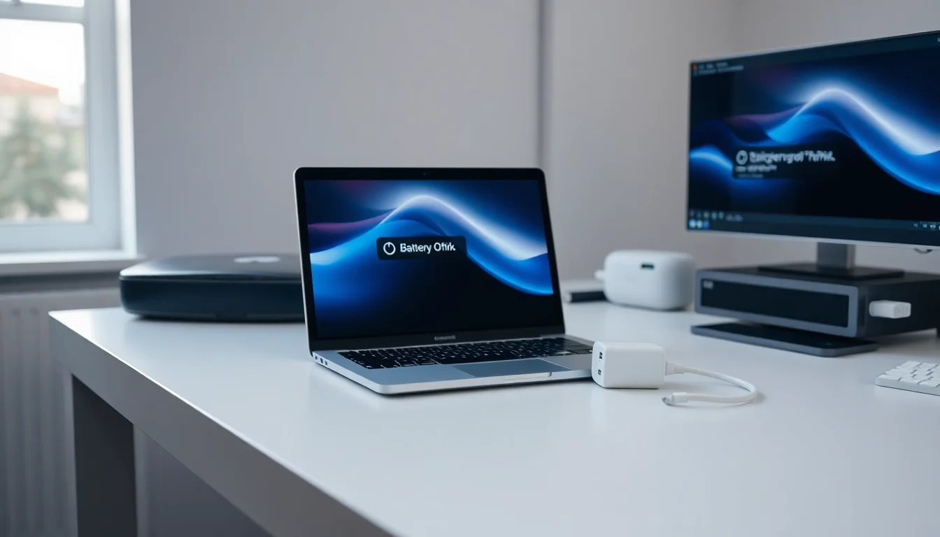 Silver MacBook on clean desk with USB-C charging cable connected but battery indicator showing 0% charge with amber warning status displayed on screen