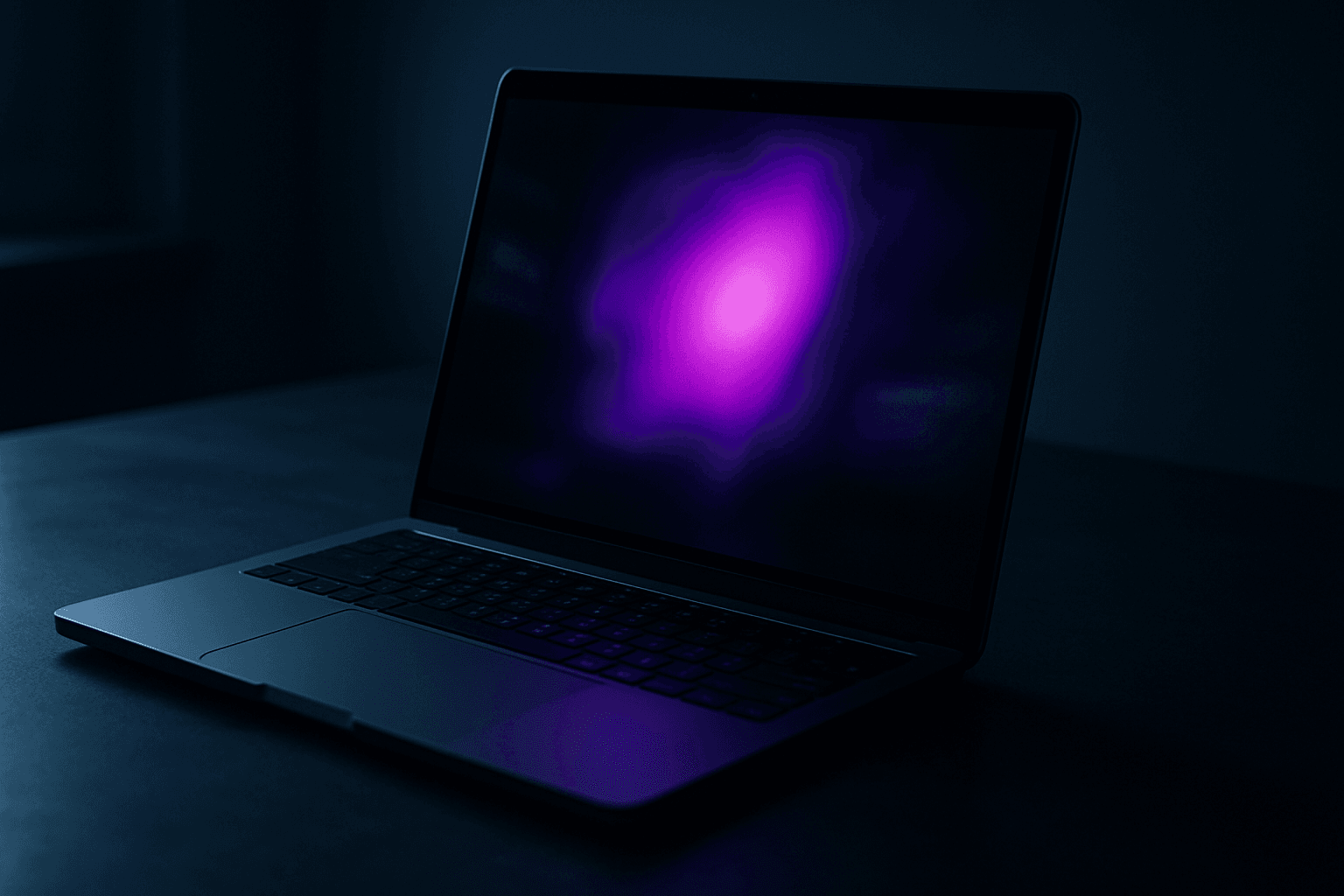 MacBook laptop open on a dark desk showing a vivid purple discoloration spot on the built-in display panel