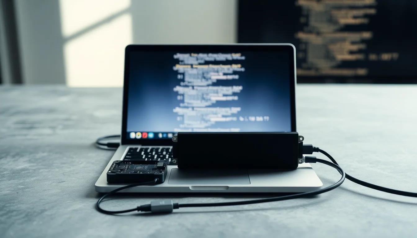 MacBook laptop beside an open SSD enclosure and USB-C cable on a clean grey desk showing a Disk Utility window with an unmounted drive