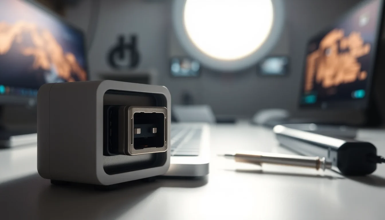 Close-up of a MacBook Pro USB-C port being inspected with a torch, showing internal pins clearly, on a clean technical workbench with diagnostics tools nearby, professional studio lighting with sharp focus
