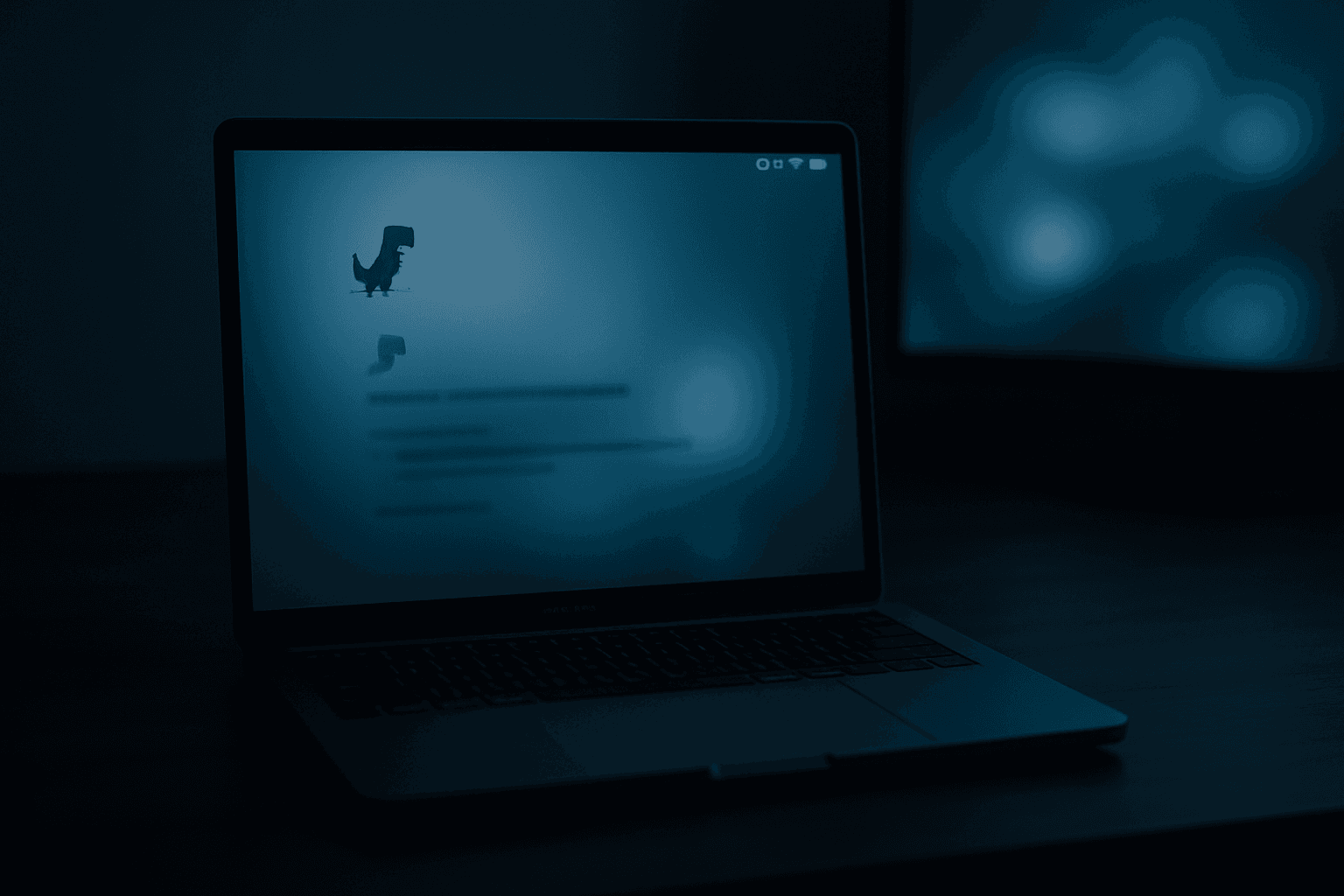 MacBook Pro on a dark wooden desk showing a DNS error in Safari with a Time Machine backup progress bar visible in the menu bar