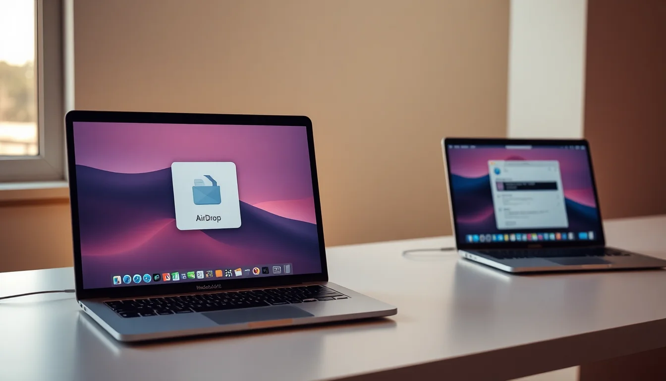 Two MacBook Pro laptops on a desk showing AirDrop window with file transfer icon, warm desk lamp lighting from side, professional focused atmosphere