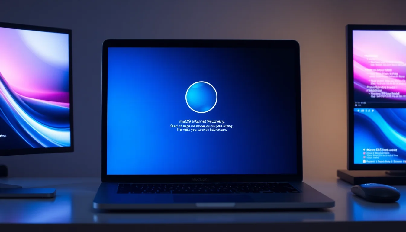 MacBook Pro on desk showing macOS Internet Recovery screen with error code 1008F and spinning globe icon, cool blue-tinted screen lighting, focused technical atmosphere
