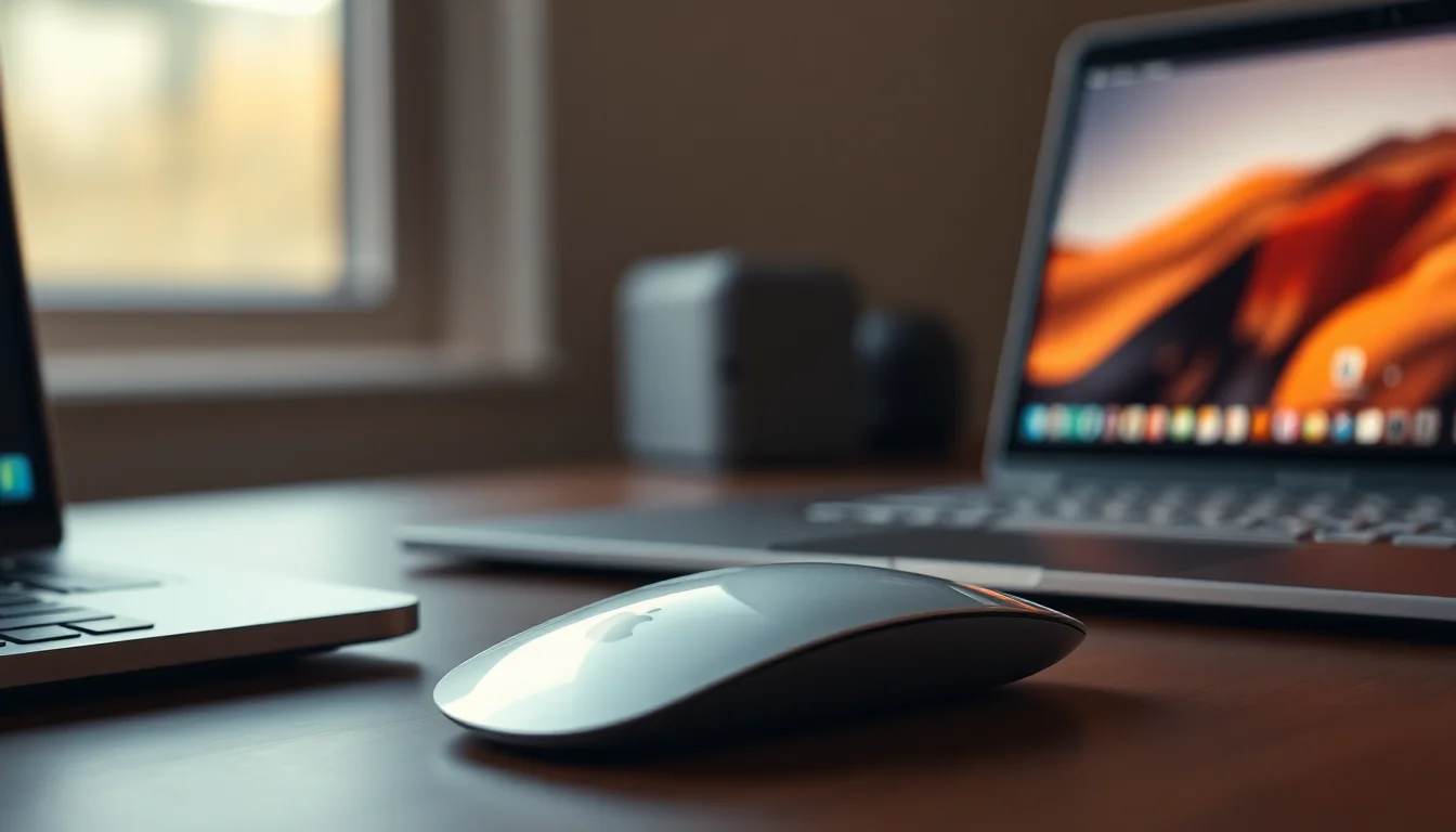Close-up of a silver Magic Mouse on a clean desk showing multi-touch surface, with a macOS window blurred in background, warm desk lamp lighting from left side, focused professional atmosphere