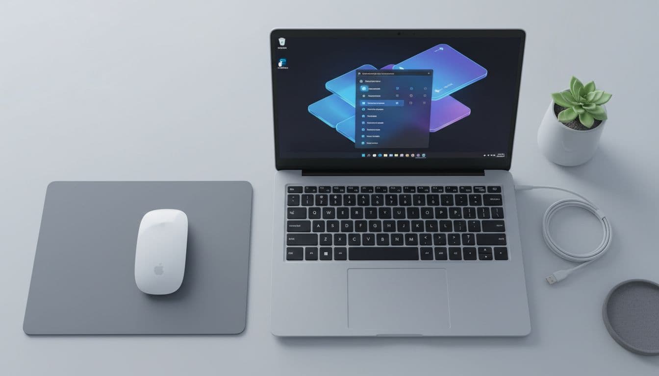 Apple Magic Mouse sitting on a matte grey mouse pad next to a Windows 11 laptop on a modern desk, showing Bluetooth settings screen