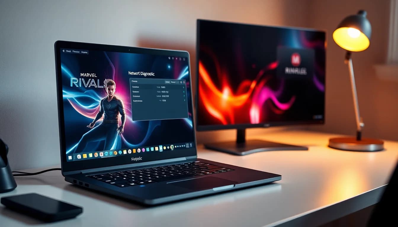 Windows gaming laptop on desk showing Marvel Rivals character selection screen with network diagnostic overlay, warm desk lamp lighting from side, focused professional atmosphere