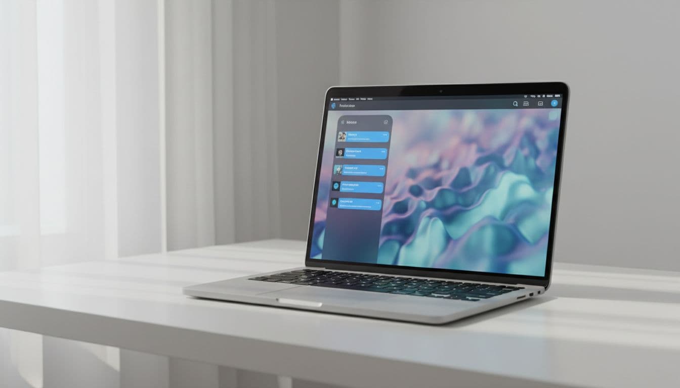 MacBook Pro on a clean desk showing Apple Messages app with multiple conversations selected for bulk deletion