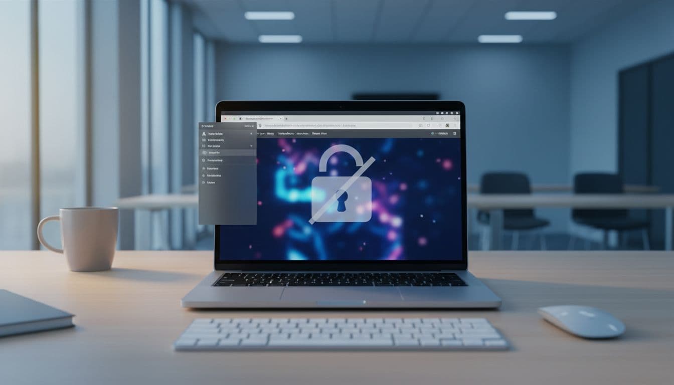 MacBook Pro on a clean office desk showing a locked padlock icon over a browser window with greyed out System Settings content restrictions panel