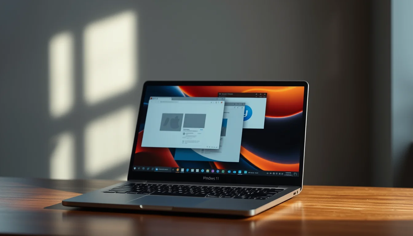 Windows 11 laptop on a clean desk showing multiple browser windows being dragged and consolidated into a single Chrome tab bar