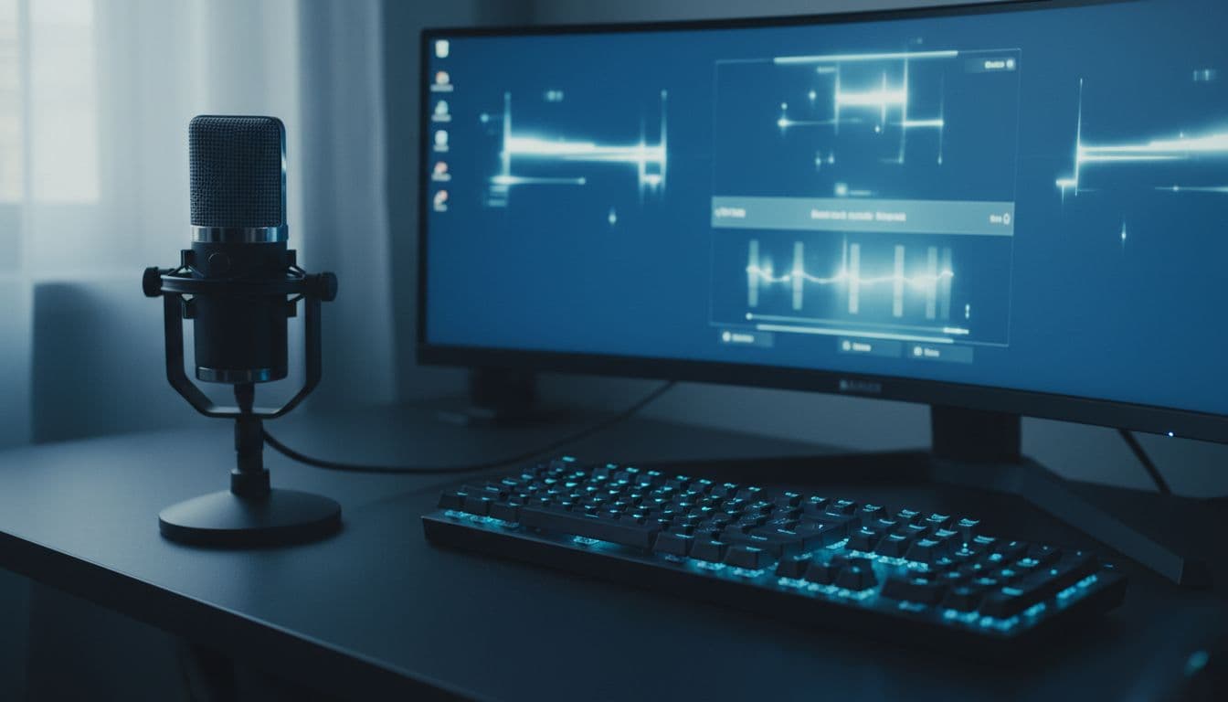 Windows 11 desktop showing sound settings and recording device panel with a USB microphone on a gaming desk