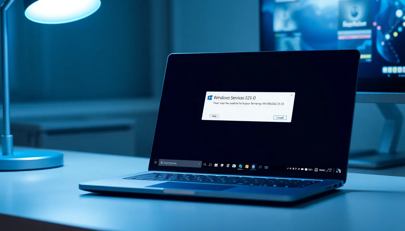Windows laptop displaying Microsoft 365 installation error 0x426-0x0 on screen with services window open in background, cool blue office lighting, focused troubleshooting atmosphere