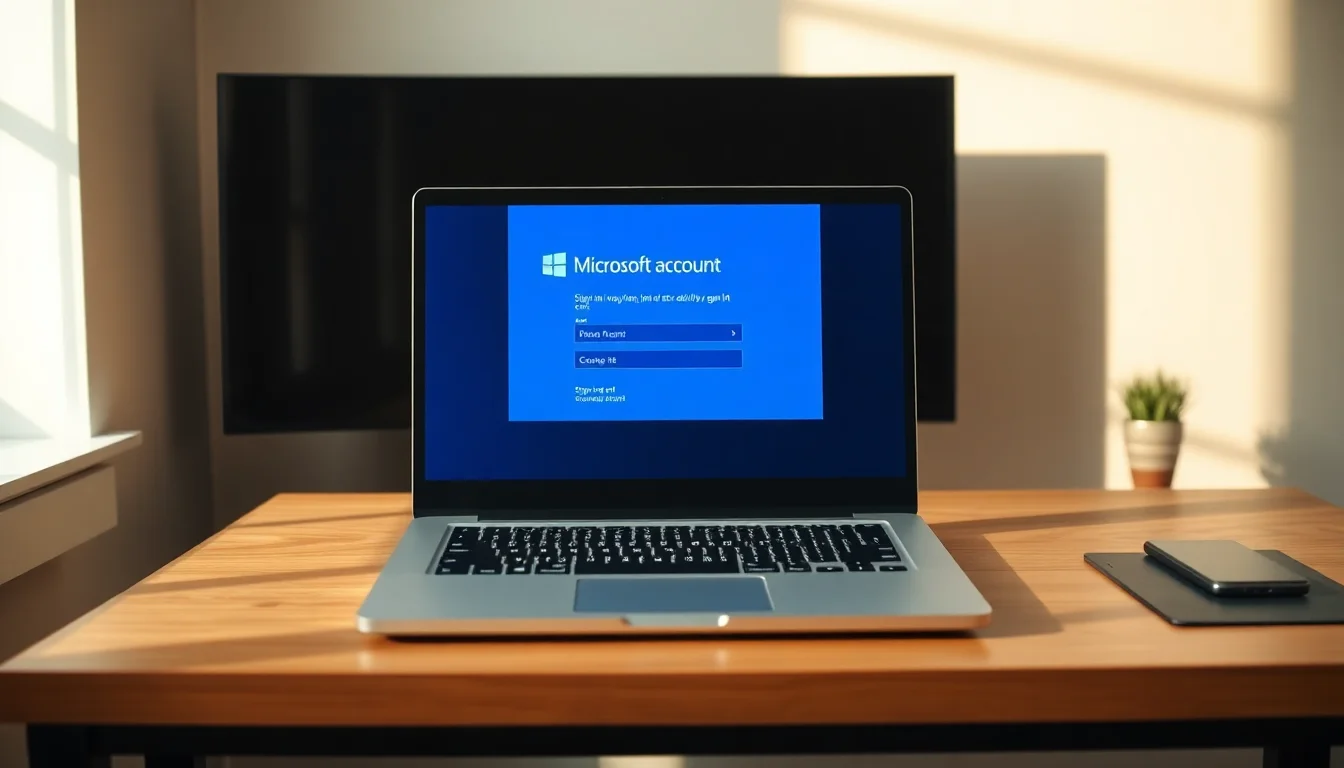 Windows 11 laptop on desk displaying Microsoft account sign-in popup notification on screen, warm natural window lighting from left side, focused professional atmosphere