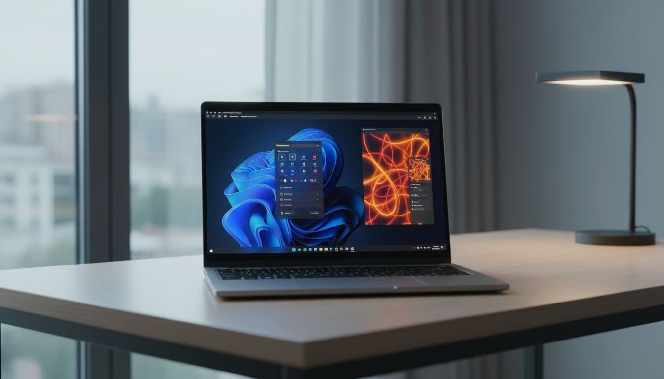 Windows 11 desktop on a modern desk showing personalisation settings open with a concept UI design file visible on screen