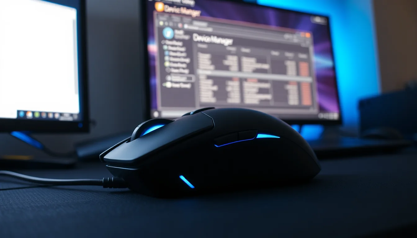 Close-up of a gaming mouse on a dark desk with scroll wheel highlighted, showing a Windows Device Manager window open on a monitor in the background