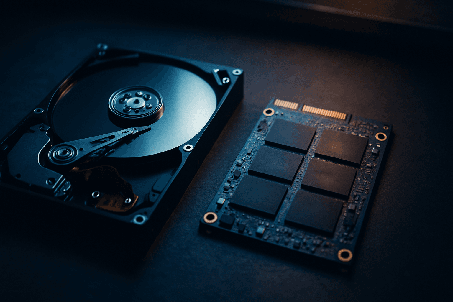 An open laptop next to a disassembled hard drive and SSD on a slate workbench, showing exposed platters and NAND chips ready for secure disposal