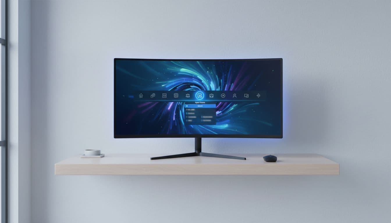 A desktop monitor on a clean desk showing an on-screen display menu with input source settings highlighted in blue