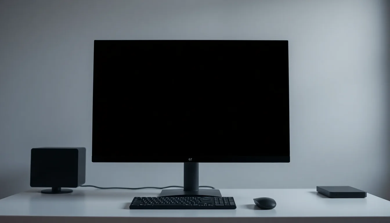 A Windows desktop monitor displaying a blank black screen in sleep mode on a modern office desk