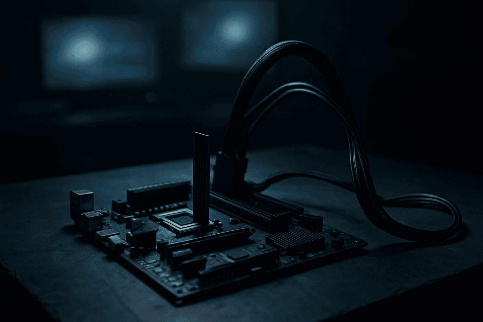 A desktop motherboard on a workbench with no display output showing during a POST failure diagnostic session