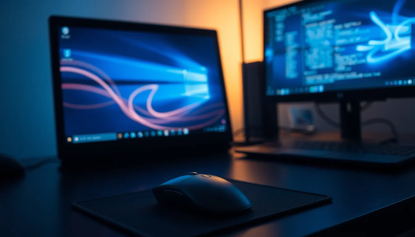 A wireless mouse on a dark mouse pad beside a Windows laptop showing an erratic cursor path on screen
