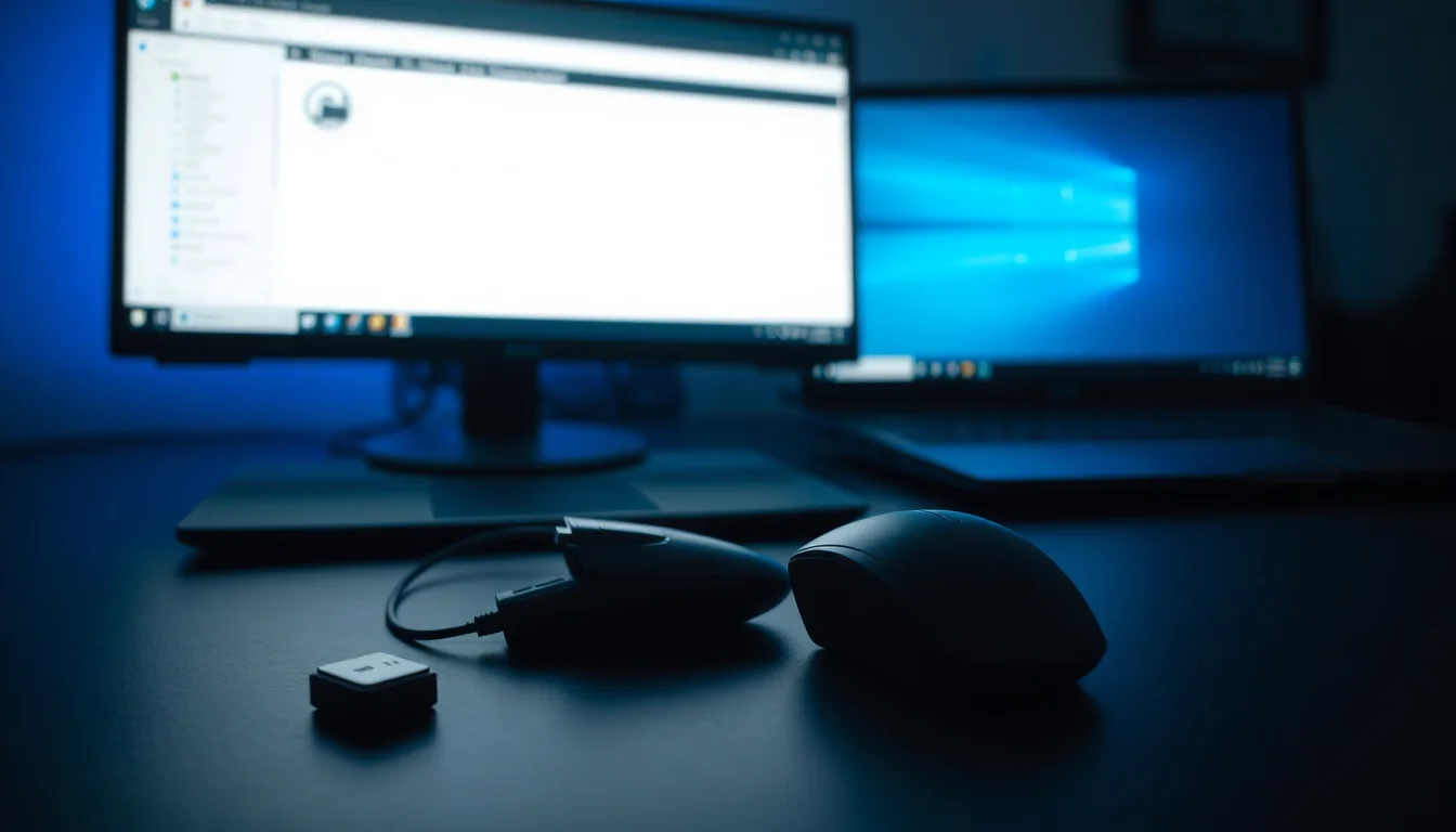 A wireless mouse sitting on a dark desk next to a Windows 11 laptop showing a Device Manager error screen