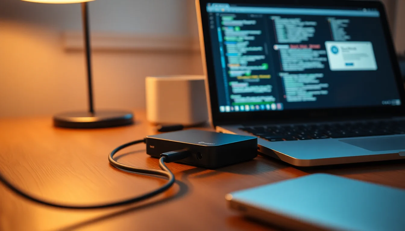 Seagate external hard drive connected via USB to a Windows laptop on a clean wooden desk ready for file transfer