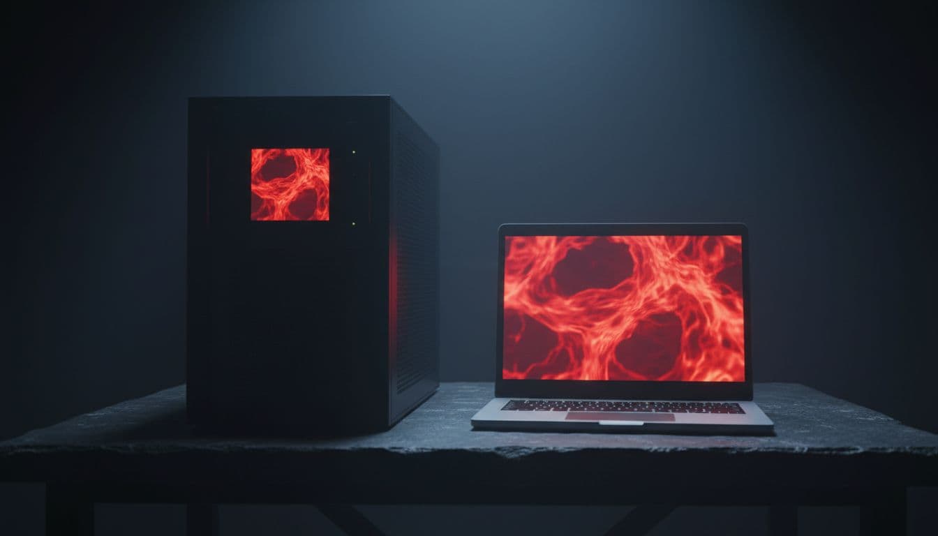 A black server tower and laptop on a slate workbench showing a red BIOS fault error on screen during virtual machine boot sequence