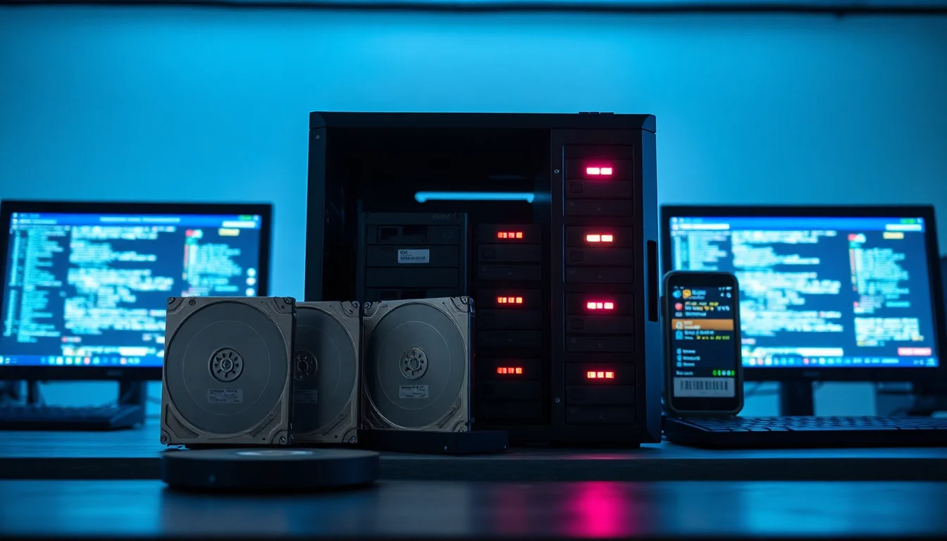 Multiple hard drives laid out on a dark workbench next to an open NAS enclosure showing drive bays and RAID status LEDs