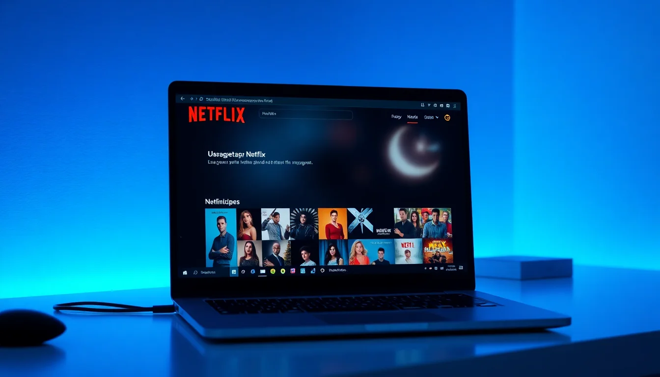 Windows laptop on a desk showing Netflix homepage with mixed language titles and no country-specific top ten row visible